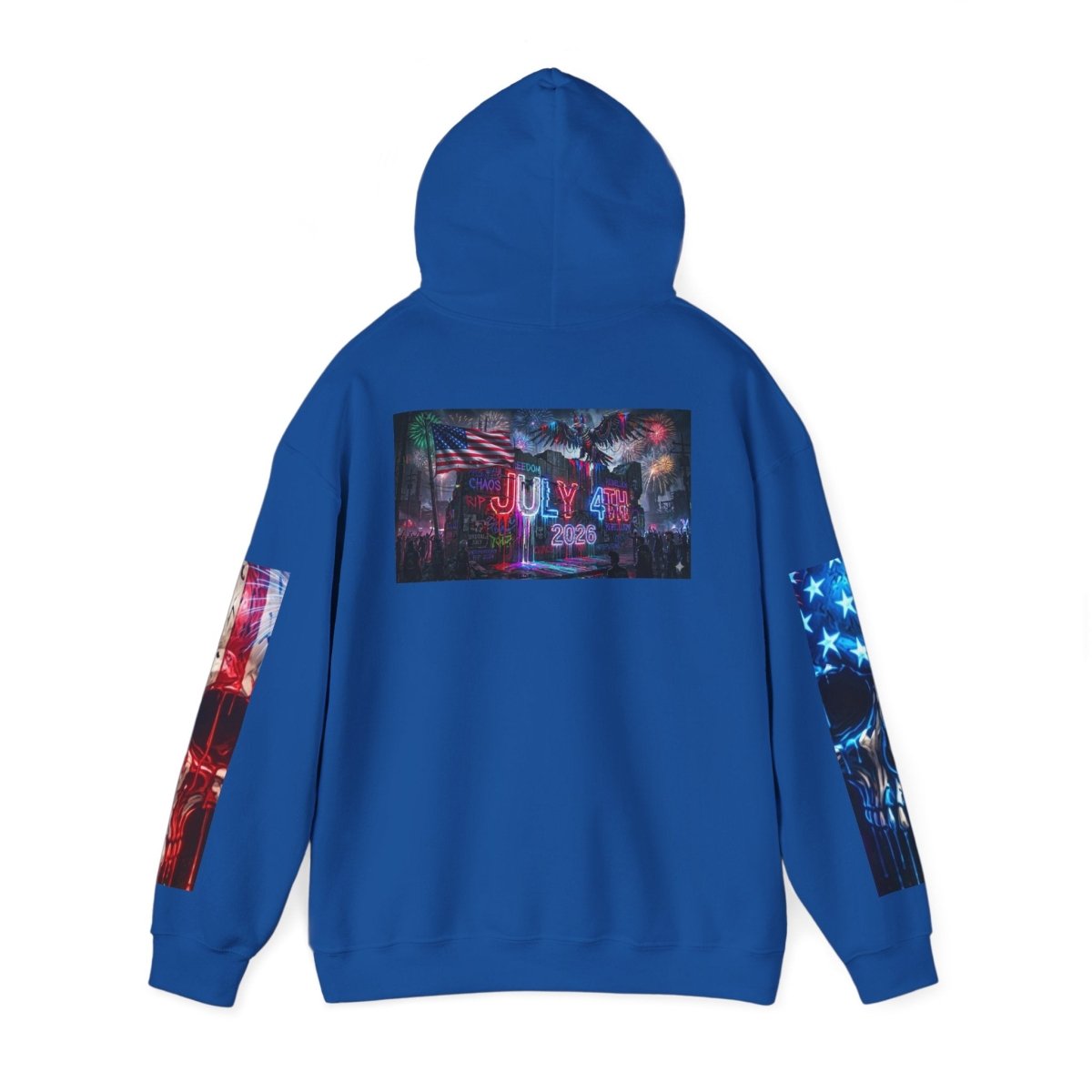 4th of July American Flag Hoodie — Patriotic Sleeve & Back Graphic PulloverHoodieGOLDEN APPLE CONNECTIONSPrintify