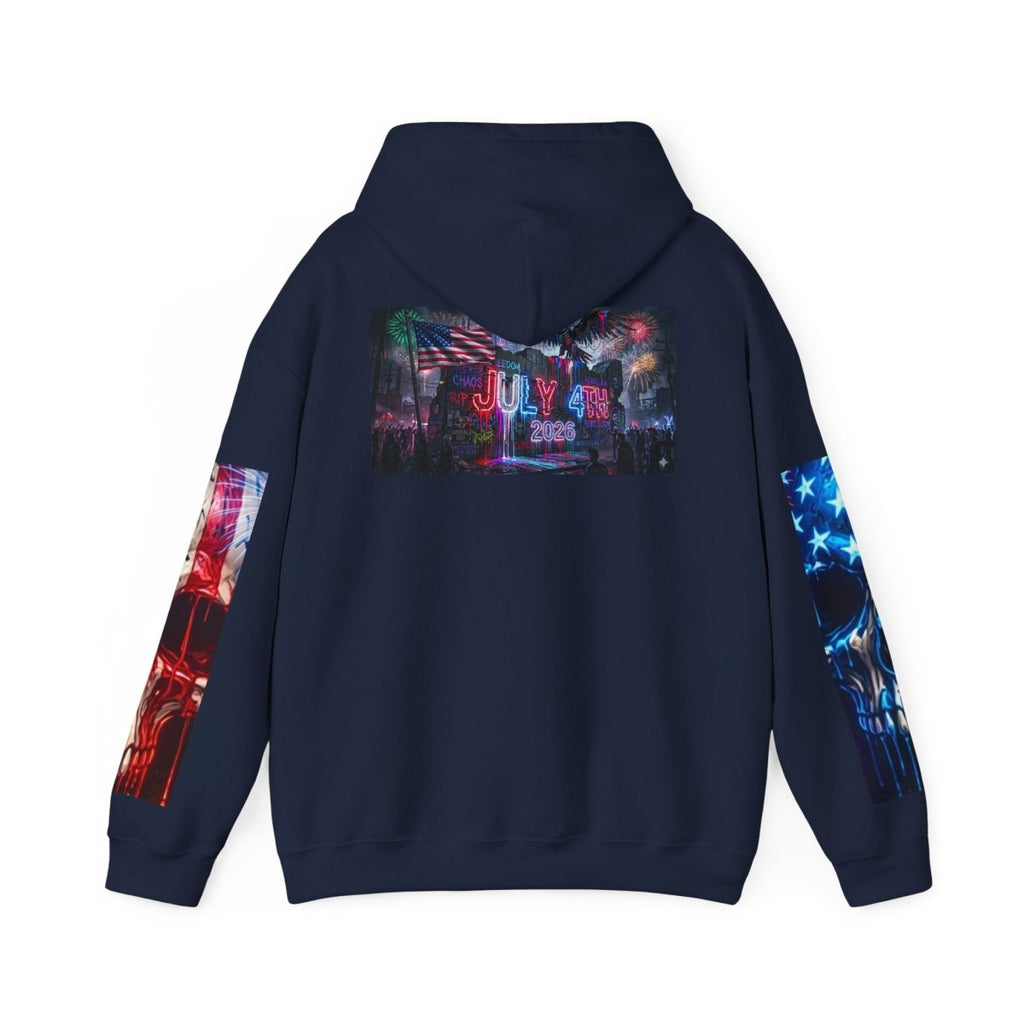 4th of July American Flag Hoodie — Patriotic Sleeve & Back Graphic PulloverHoodieGOLDEN APPLE CONNECTIONSPrintify