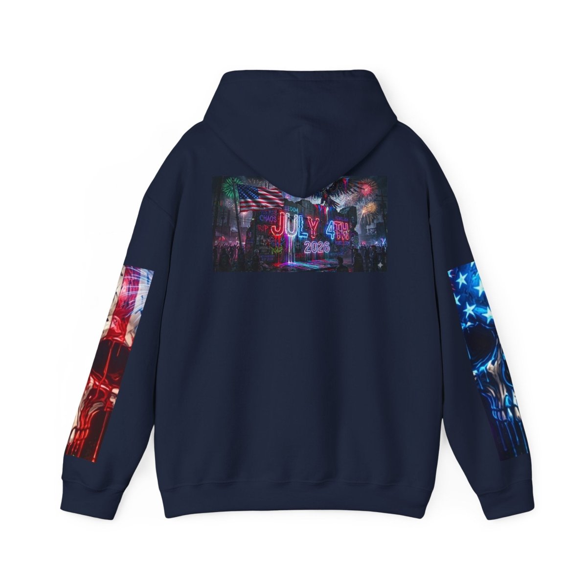 4th of July American Flag Hoodie — Patriotic Sleeve & Back Graphic PulloverHoodieGOLDEN APPLE CONNECTIONSPrintify