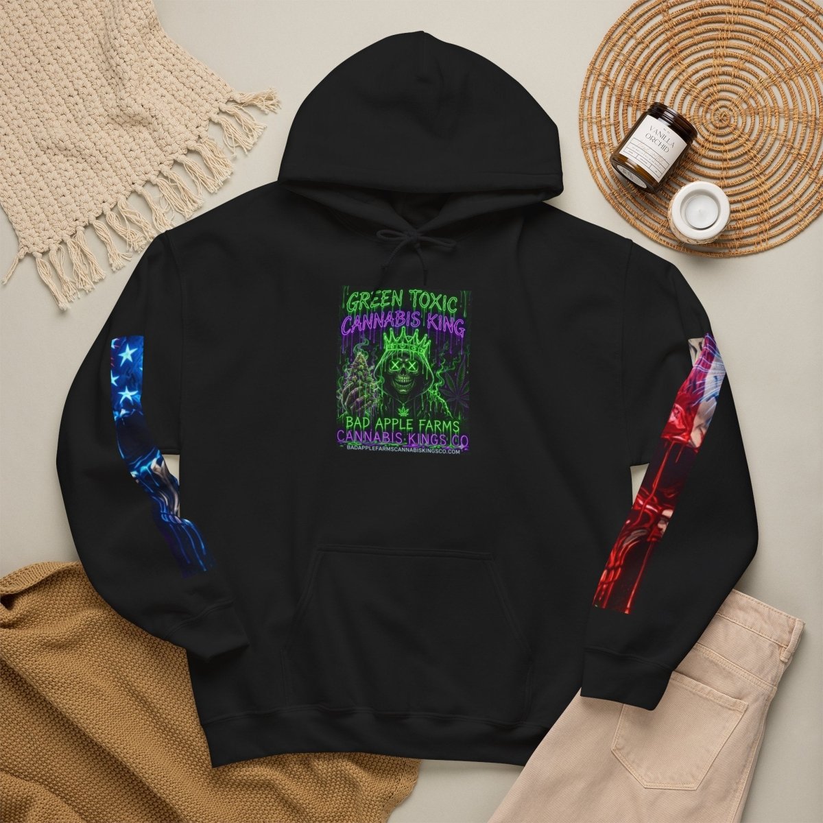 4th of July American Flag Hoodie — Patriotic Sleeve & Back Graphic PulloverHoodieGOLDEN APPLE CONNECTIONSPrintify