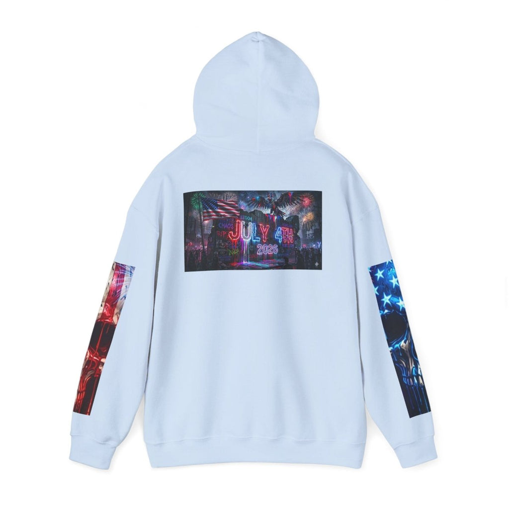 4th of July American Flag Hoodie — Patriotic Sleeve & Back Graphic PulloverHoodieGOLDEN APPLE CONNECTIONSPrintify