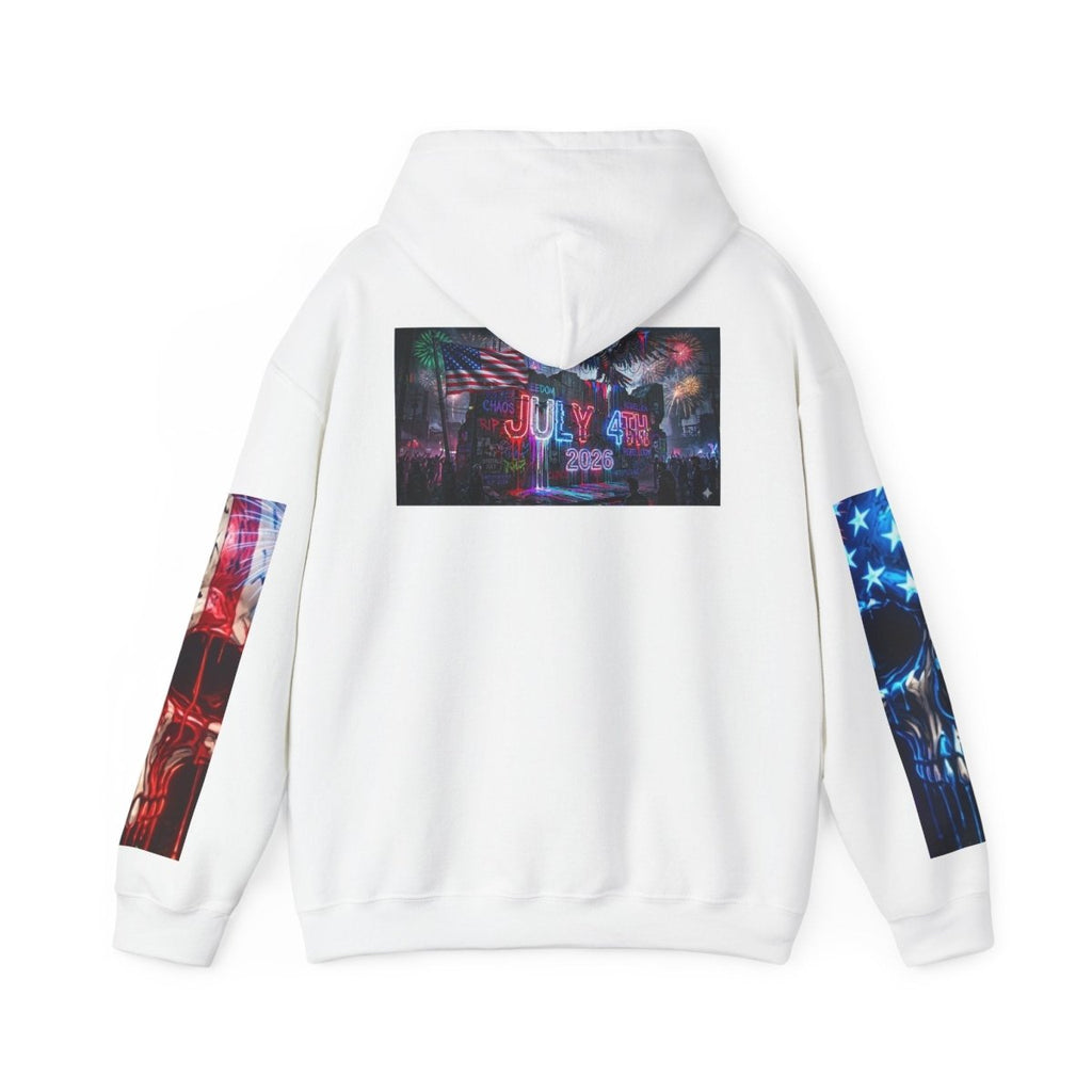 4th of July American Flag Hoodie — Patriotic Sleeve & Back Graphic PulloverHoodieGOLDEN APPLE CONNECTIONSPrintify