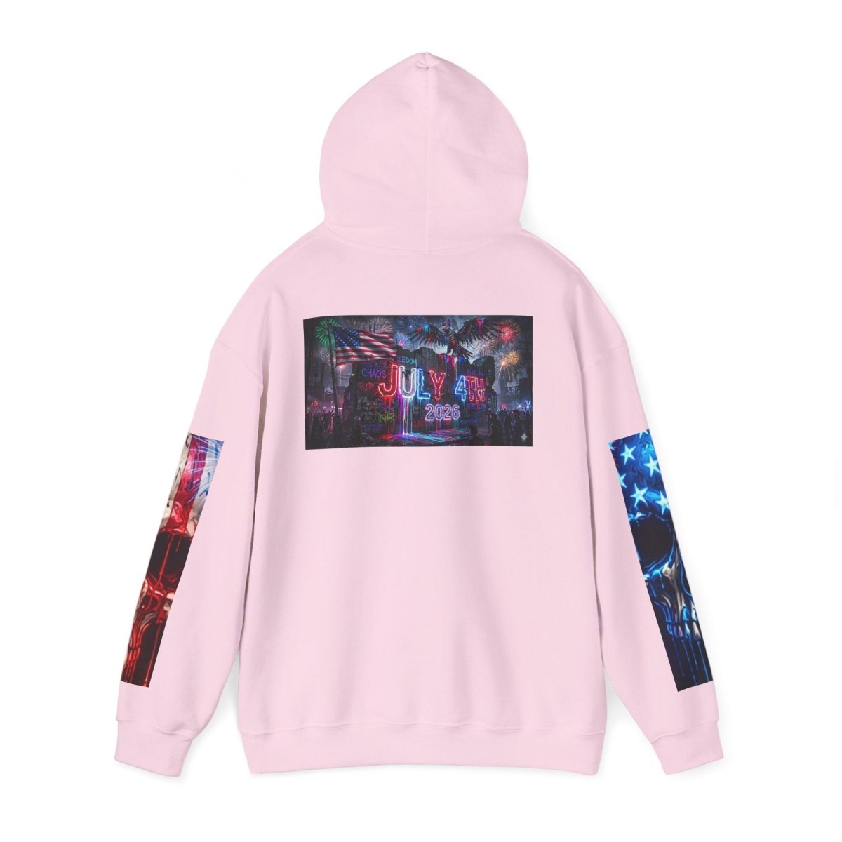 4th of July American Flag Hoodie — Patriotic Sleeve & Back Graphic PulloverHoodieGOLDEN APPLE CONNECTIONSPrintify