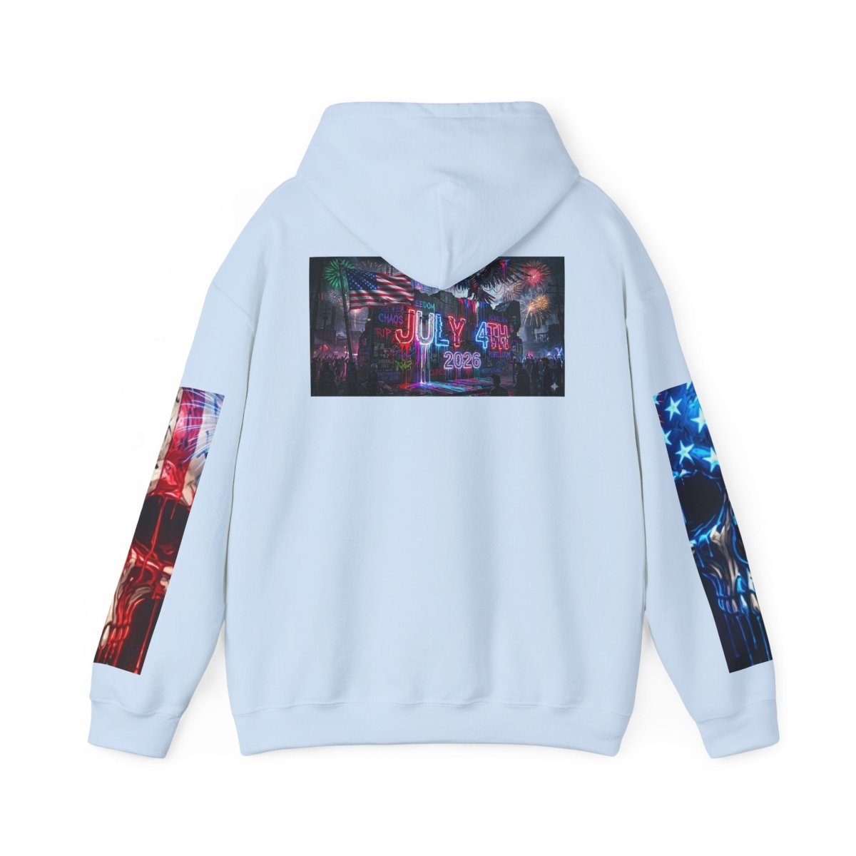 4th of July American Flag Hoodie — Patriotic Sleeve & Back Graphic PulloverHoodieGOLDEN APPLE CONNECTIONSPrintify
