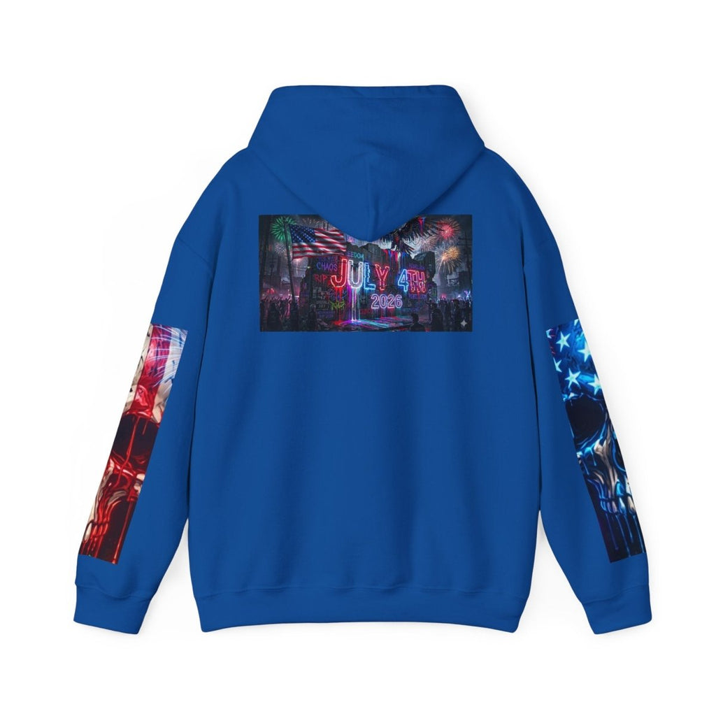 4th of July American Flag Hoodie — Patriotic Sleeve & Back Graphic PulloverHoodieGOLDEN APPLE CONNECTIONSPrintify