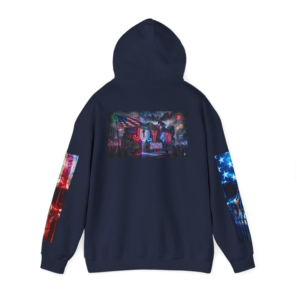 4th of July American Flag Hoodie — Patriotic Sleeve & Back Graphic PulloverHoodieGOLDEN APPLE CONNECTIONSPrintify