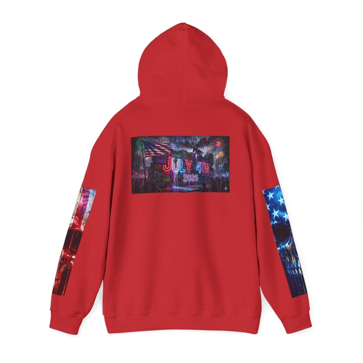 4th of July American Flag Hoodie — Patriotic Sleeve & Back Graphic PulloverHoodieGOLDEN APPLE CONNECTIONSPrintify