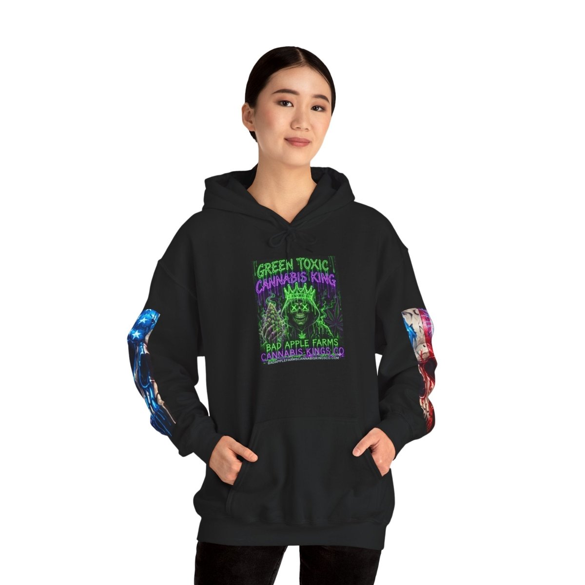 4th of July American Flag Hoodie — Patriotic Sleeve & Back Graphic PulloverHoodieGOLDEN APPLE CONNECTIONSPrintify