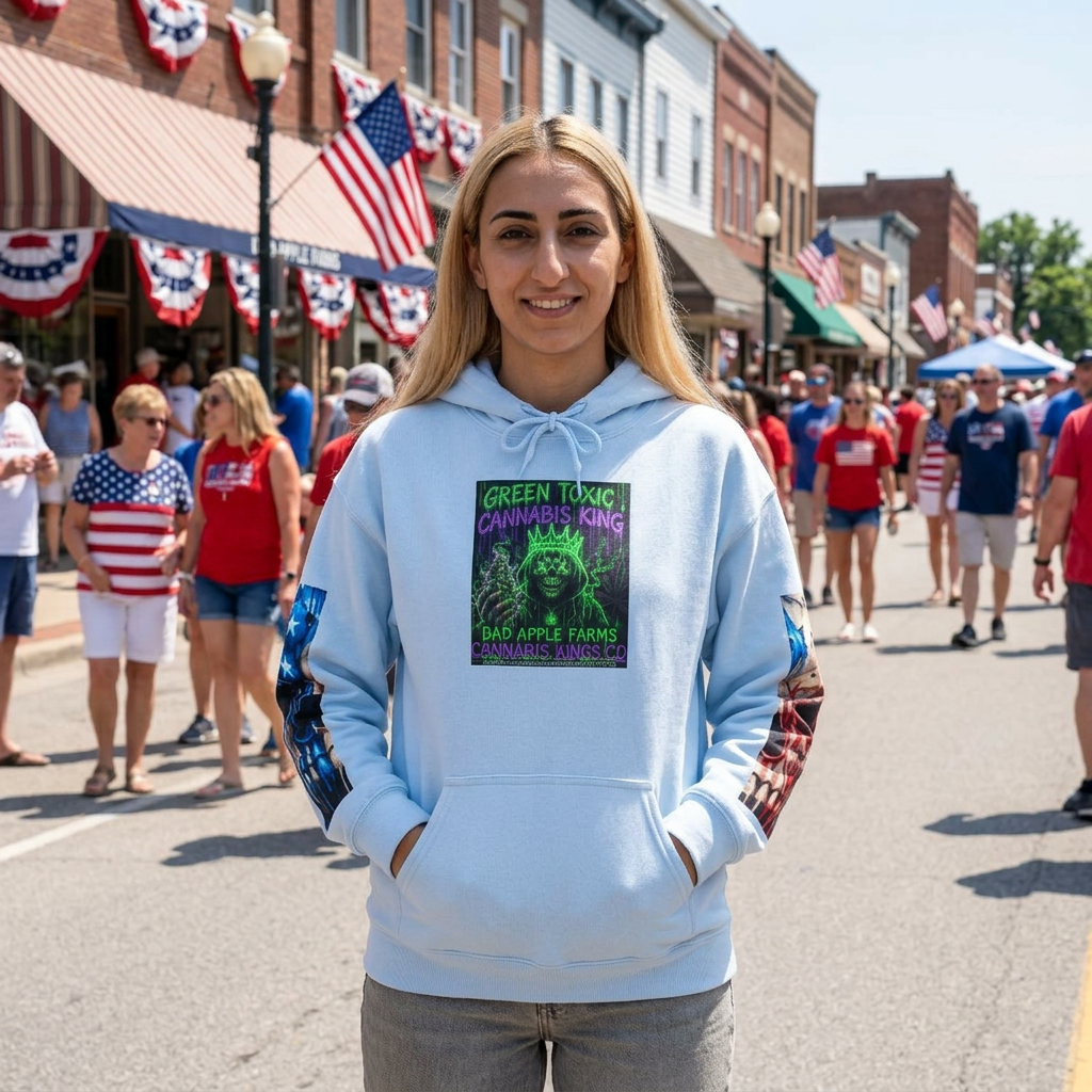4th of July American Flag Hoodie — Patriotic Sleeve & Back Graphic PulloverHoodieGOLDEN APPLE CONNECTIONSPrintify