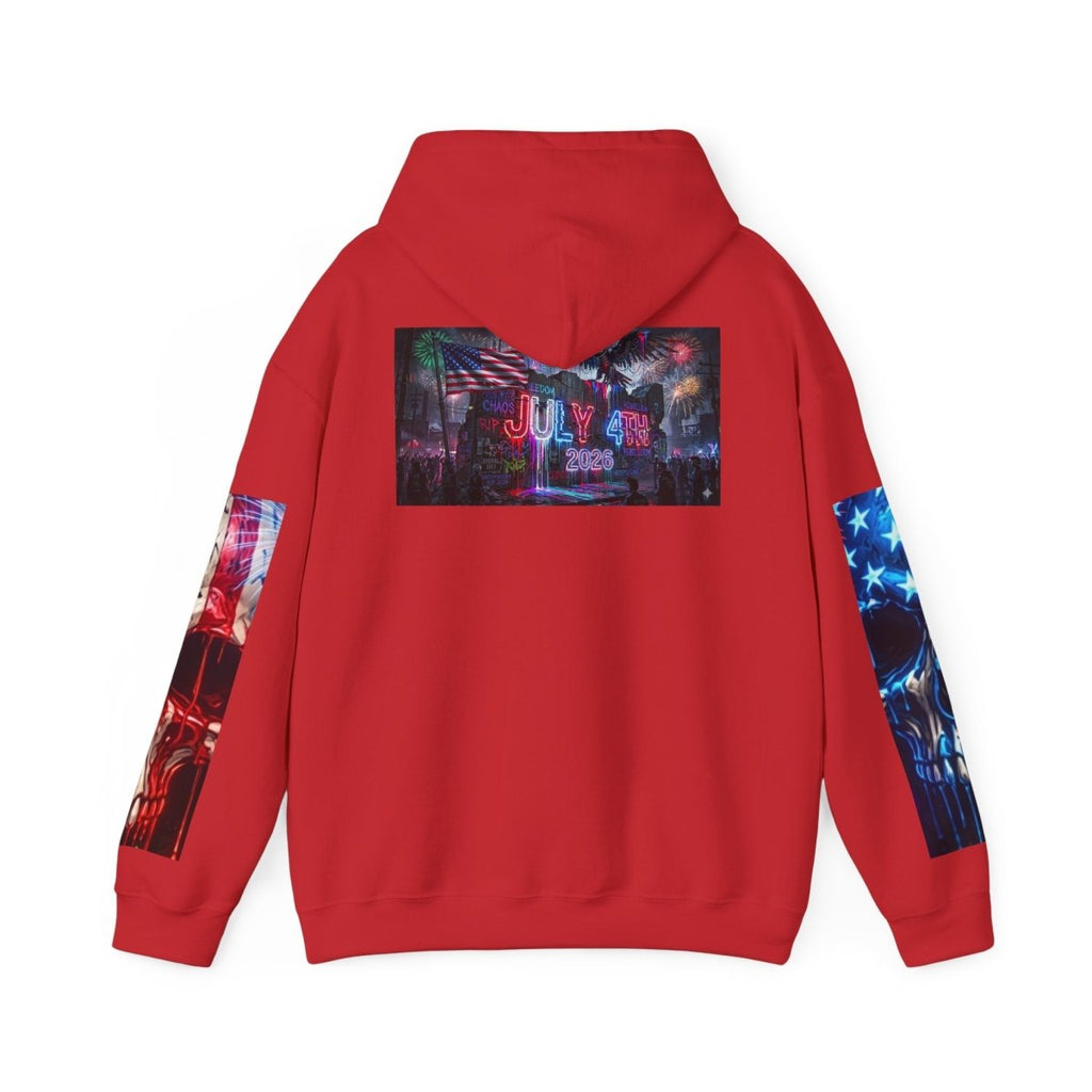 4th of July American Flag Hoodie — Patriotic Sleeve & Back Graphic PulloverHoodieGOLDEN APPLE CONNECTIONSPrintify