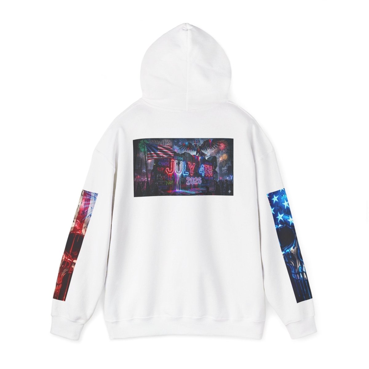4th of July American Flag Hoodie — Patriotic Sleeve & Back Graphic PulloverHoodieGOLDEN APPLE CONNECTIONSPrintify
