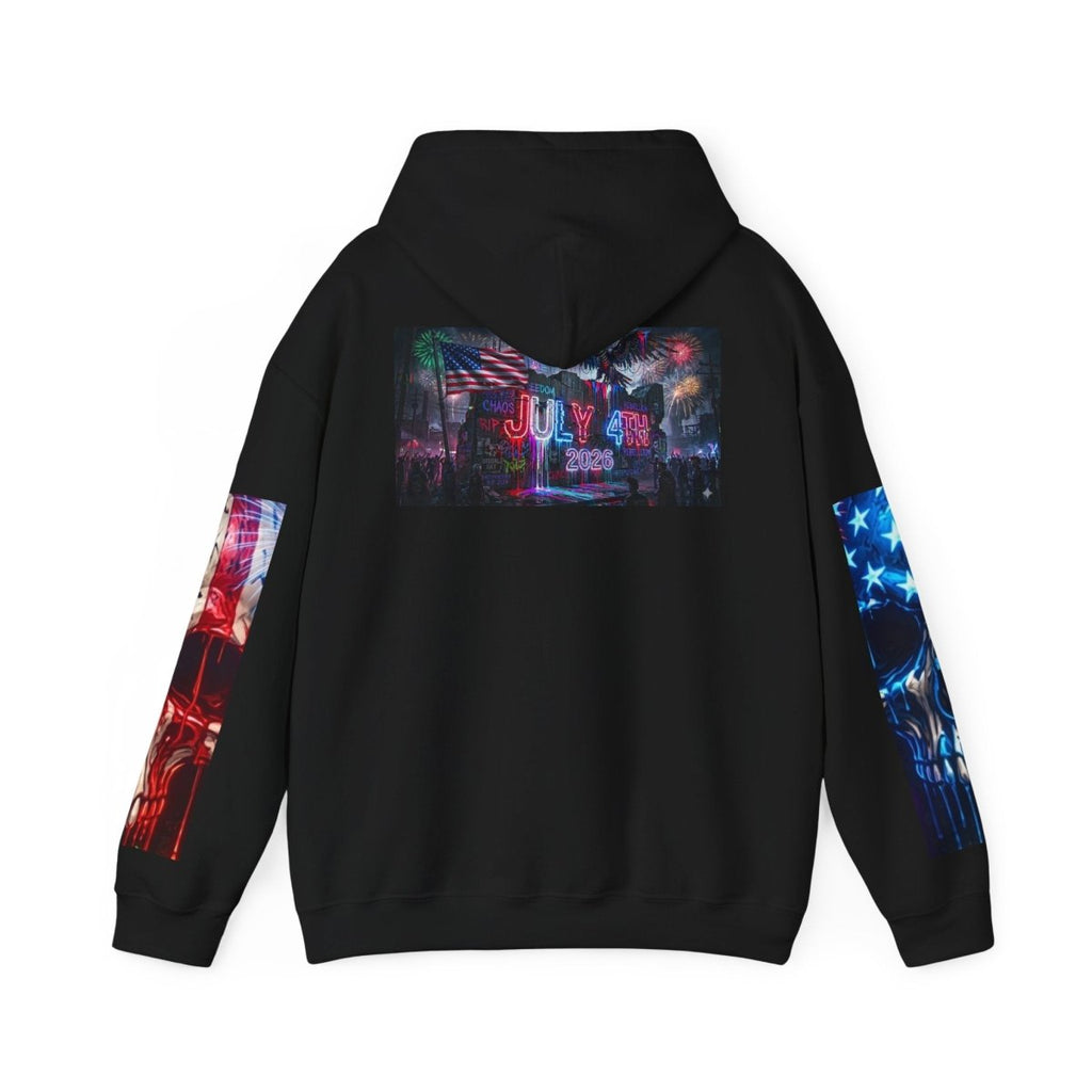 4th of July American Flag Hoodie — Patriotic Sleeve & Back Graphic PulloverHoodieGOLDEN APPLE CONNECTIONSPrintify