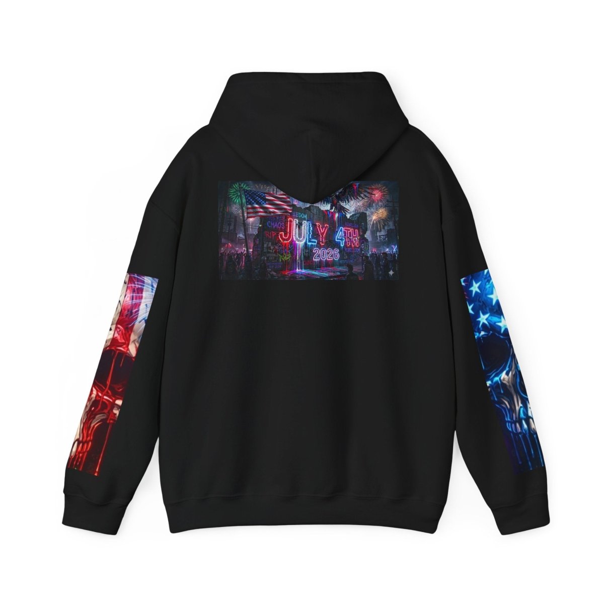 4th of July American Flag Hoodie — Patriotic Sleeve & Back Graphic PulloverHoodieGOLDEN APPLE CONNECTIONSPrintify