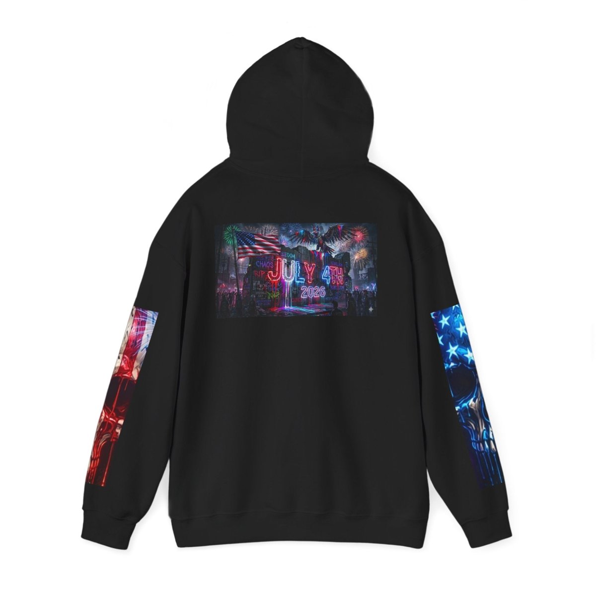4th of July American Flag Hoodie — Patriotic Sleeve & Back Graphic PulloverHoodieGOLDEN APPLE CONNECTIONSPrintify