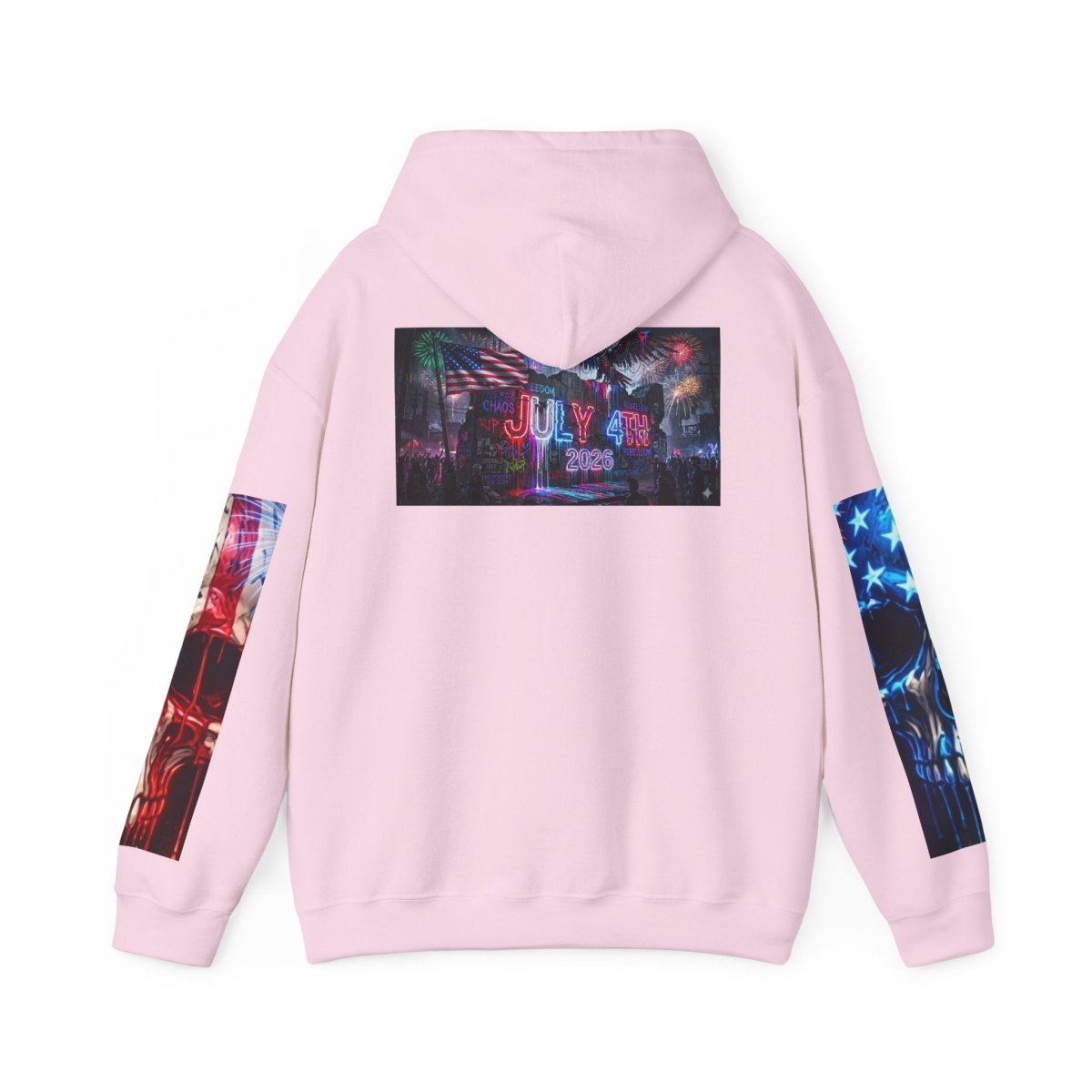 4th of July American Flag Hoodie — Patriotic Sleeve & Back Graphic PulloverHoodieGOLDEN APPLE CONNECTIONSPrintify