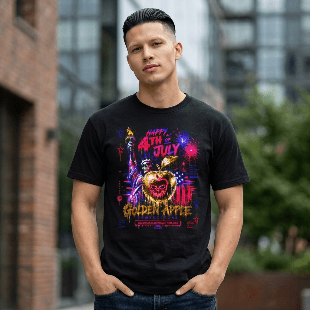 4th of July Golden Apple oversized tee with Statue of Liberty, fireworks, and patriotic streetwear graphic