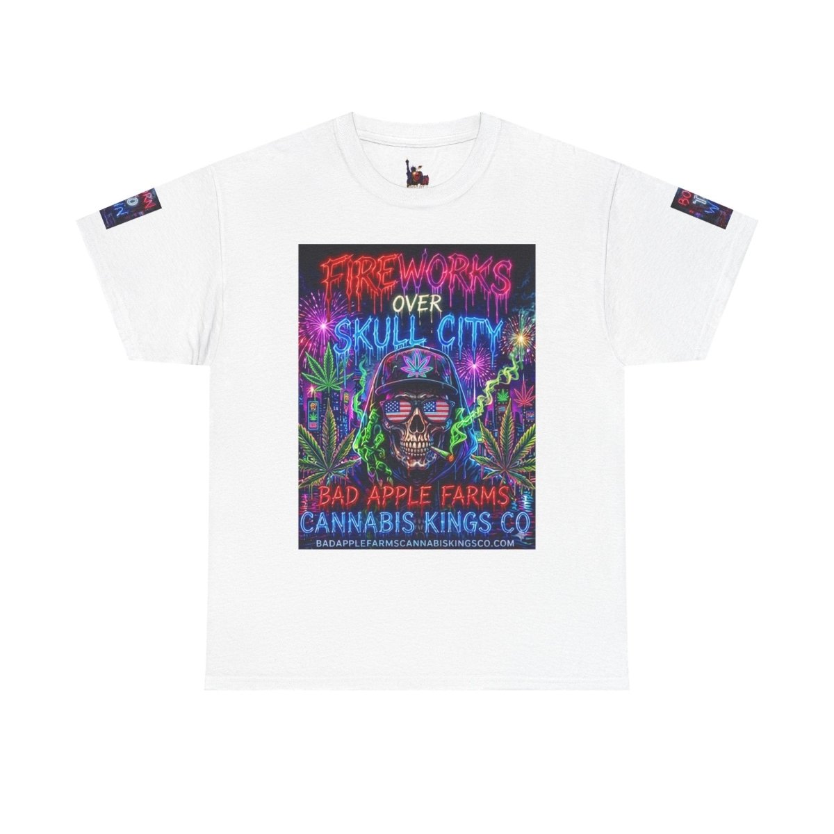 4th of July Skull Cannabis Graphic Tee — "Fireworks Over Skull City / Golden Apple"T-ShirtGOLDEN APPLE CONNECTIONSPrintify
