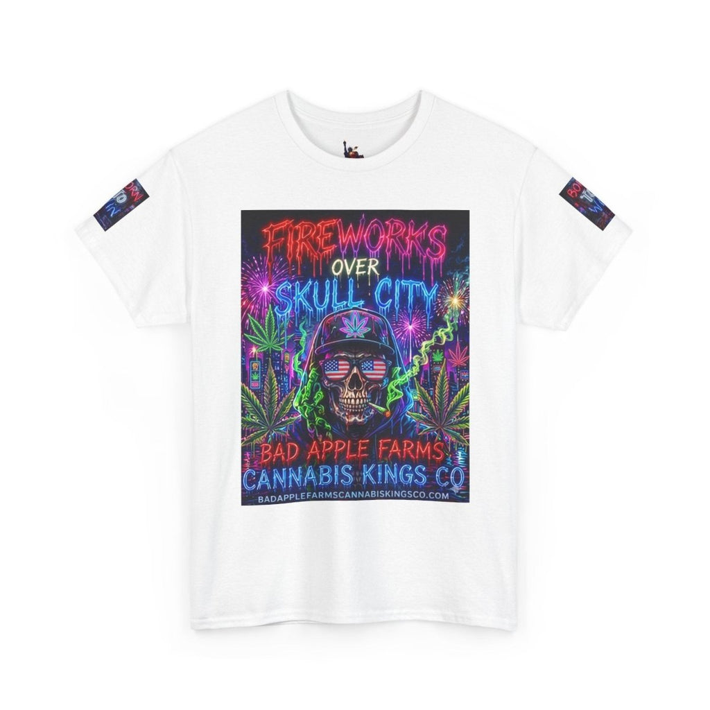 4th of July Skull Cannabis Graphic Tee — "Fireworks Over Skull City / Golden Apple"T-ShirtGOLDEN APPLE CONNECTIONSPrintify