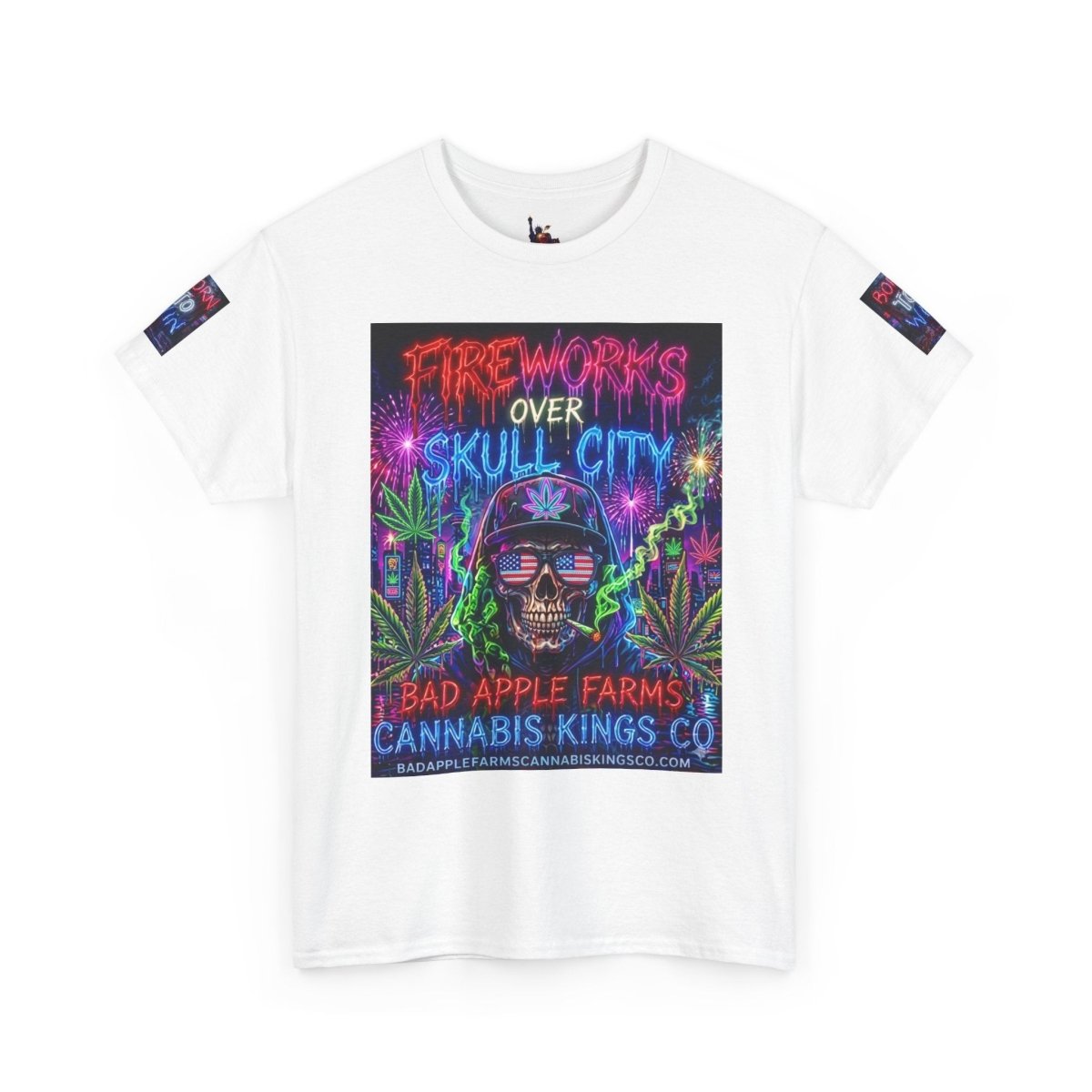 4th of July Skull Cannabis Graphic Tee — "Fireworks Over Skull City / Golden Apple"T-ShirtGOLDEN APPLE CONNECTIONSPrintify