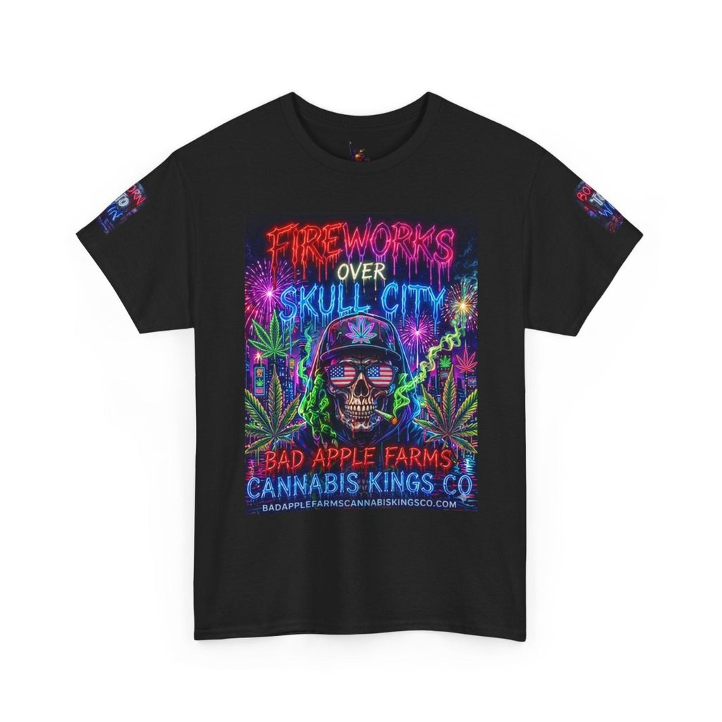 4th of July Skull Cannabis Graphic Tee — "Fireworks Over Skull City / Golden Apple"T-ShirtGOLDEN APPLE CONNECTIONSPrintify