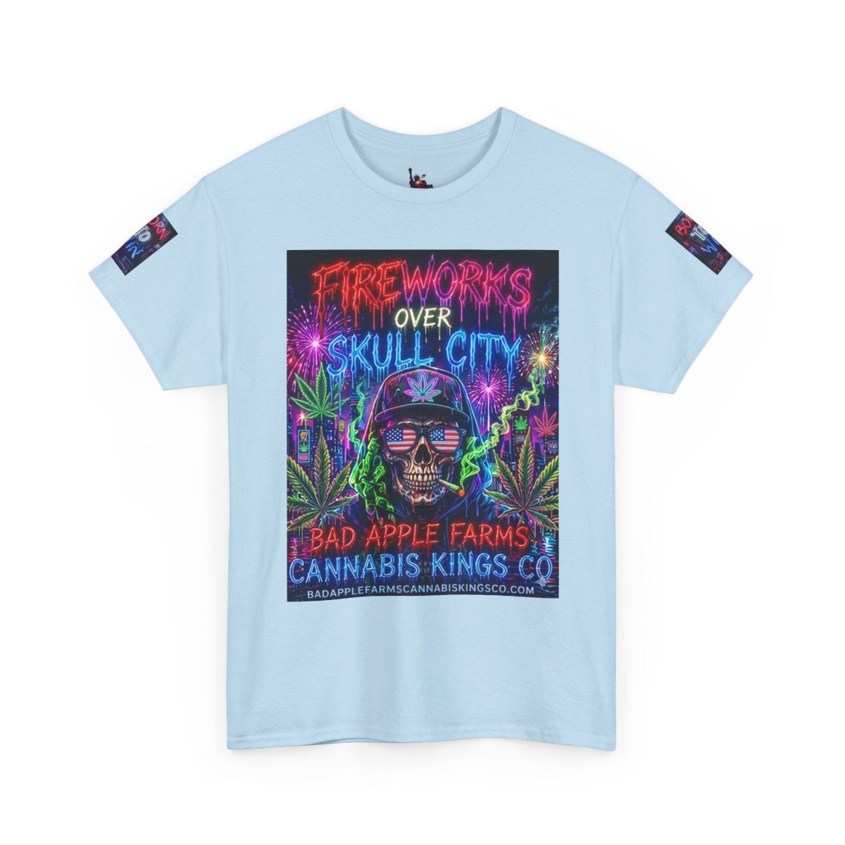 4th of July Skull Cannabis Graphic Tee — "Fireworks Over Skull City / Golden Apple"T-ShirtGOLDEN APPLE CONNECTIONSPrintify