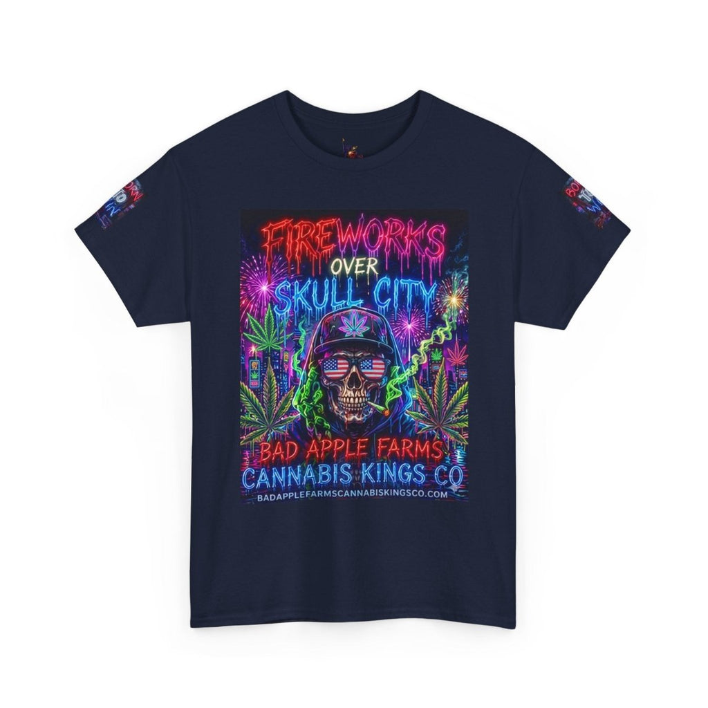 4th of July Skull Cannabis Graphic Tee — "Fireworks Over Skull City / Golden Apple"T-ShirtGOLDEN APPLE CONNECTIONSPrintify