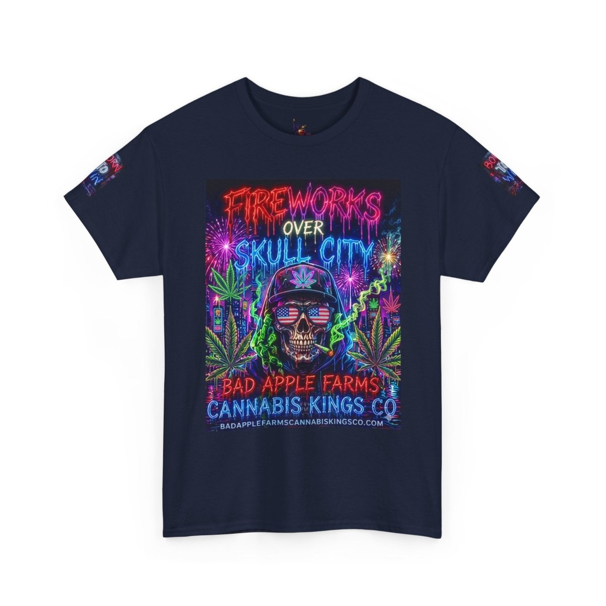 4th of July Skull Cannabis Graphic Tee — "Fireworks Over Skull City / Golden Apple"T-ShirtGOLDEN APPLE CONNECTIONSPrintify