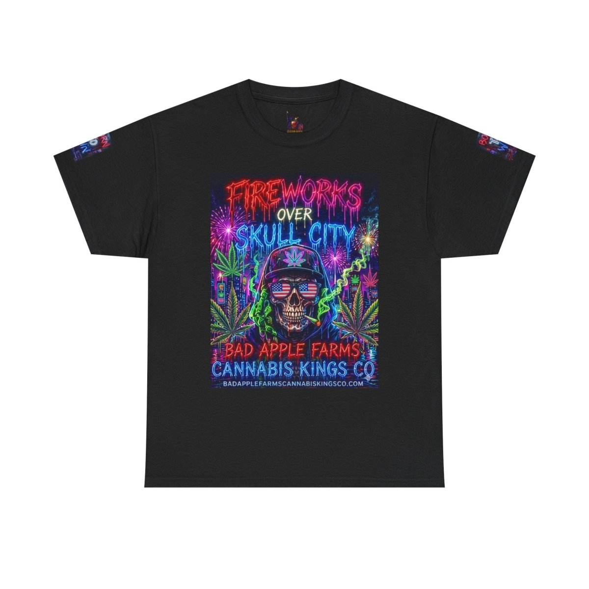 4th of July Skull Cannabis Graphic Tee — "Fireworks Over Skull City / Golden Apple"T-ShirtGOLDEN APPLE CONNECTIONSPrintify