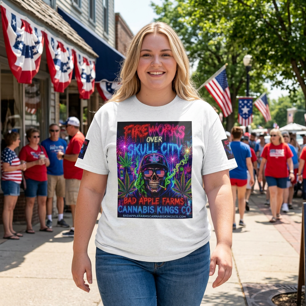 4th of July Skull Cannabis Graphic Tee — "Fireworks Over Skull City / Golden Apple"T-ShirtGOLDEN APPLE CONNECTIONSPrintify