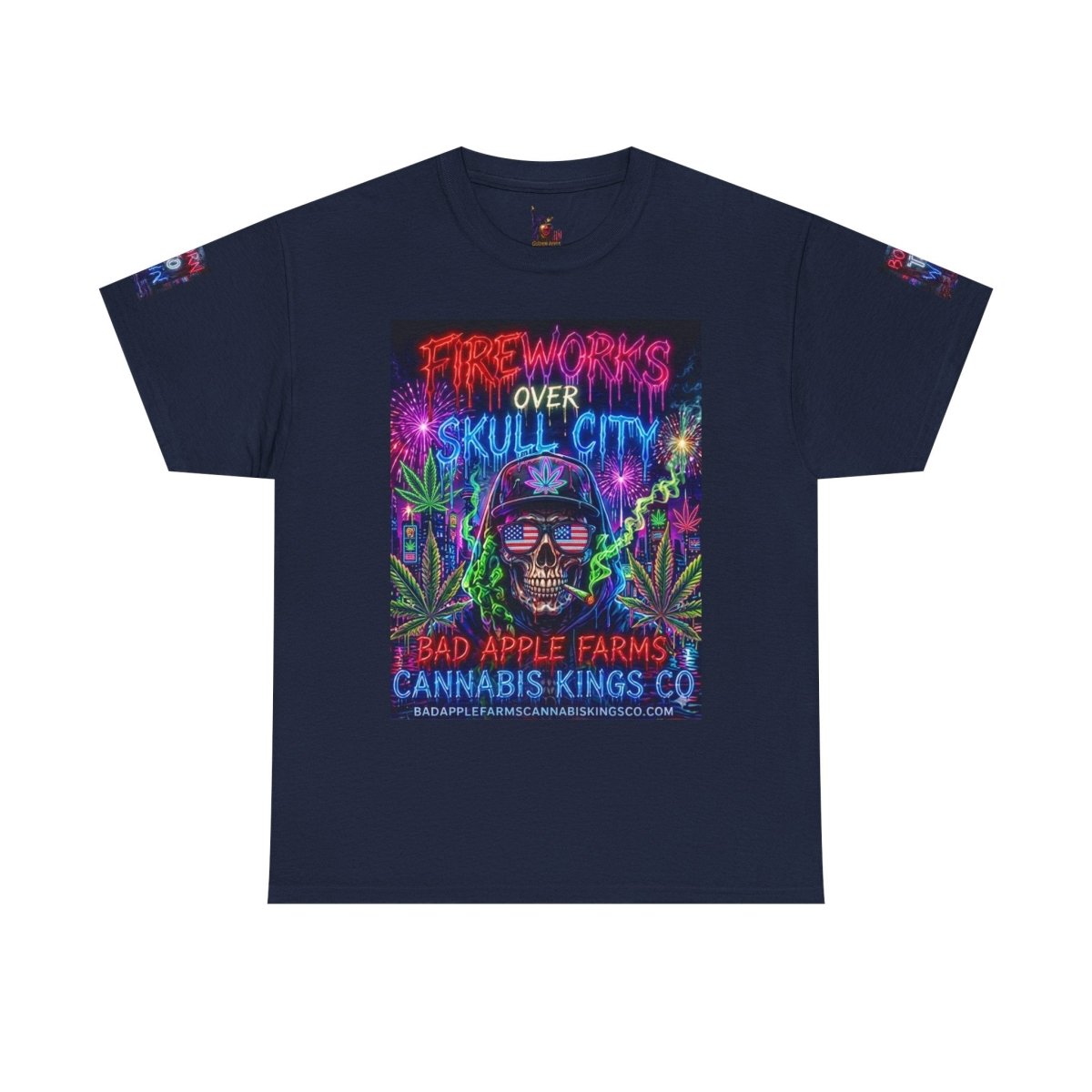 4th of July Skull Cannabis Graphic Tee — "Fireworks Over Skull City / Golden Apple"T-ShirtGOLDEN APPLE CONNECTIONSPrintify