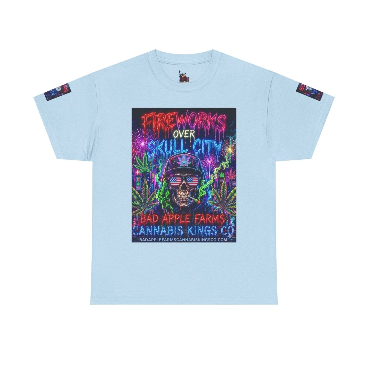 4th of July Skull Cannabis Graphic Tee — "Fireworks Over Skull City / Golden Apple"T-ShirtGOLDEN APPLE CONNECTIONSPrintify