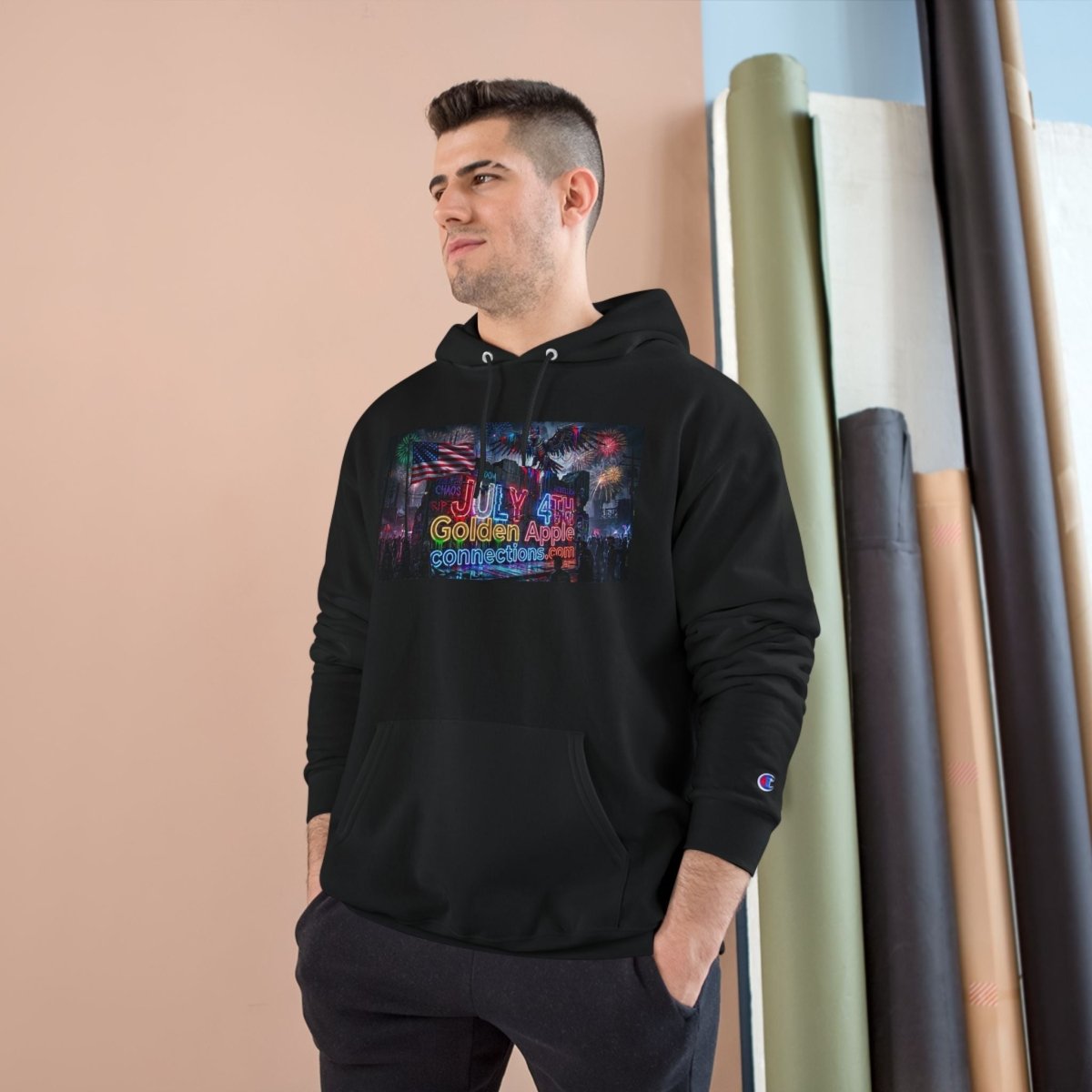 Champion Hoodie — Drip Drop Line Up Graphic HoodieHoodieGOLDEN APPLE CONNECTIONSPrintify