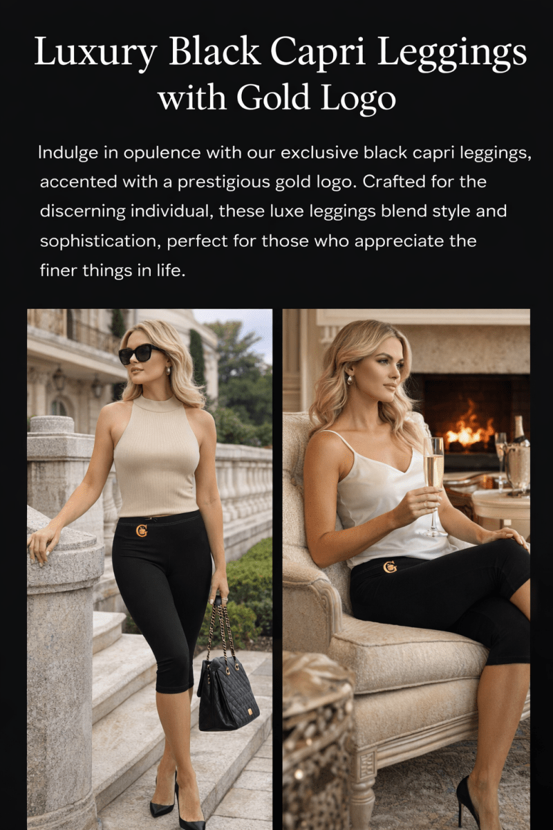 Gold Edition Black Capri Leggings with high-rise waist, capri cut, deep black fabric, and gold emblem detail