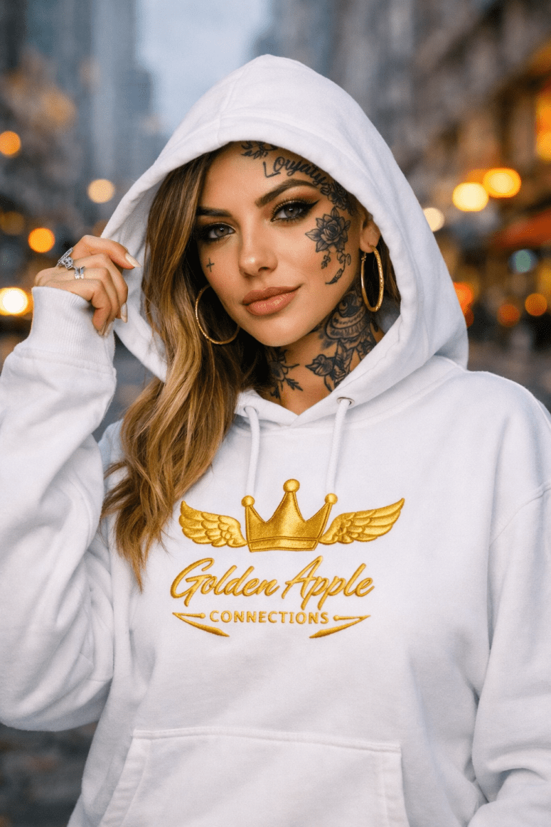 Golden Apple Connections embroidered cotton hoodie in navy or white with gold crown, wings, and script logo