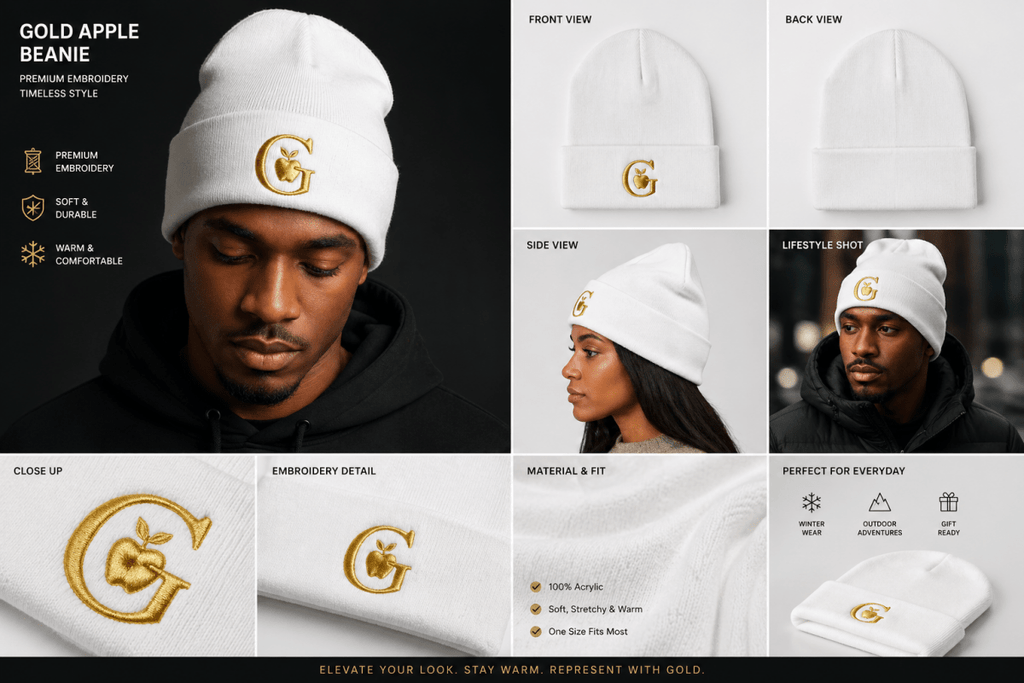 Golden Apple G embroidered cuffed knit beanie in black with gold logo and apple detail