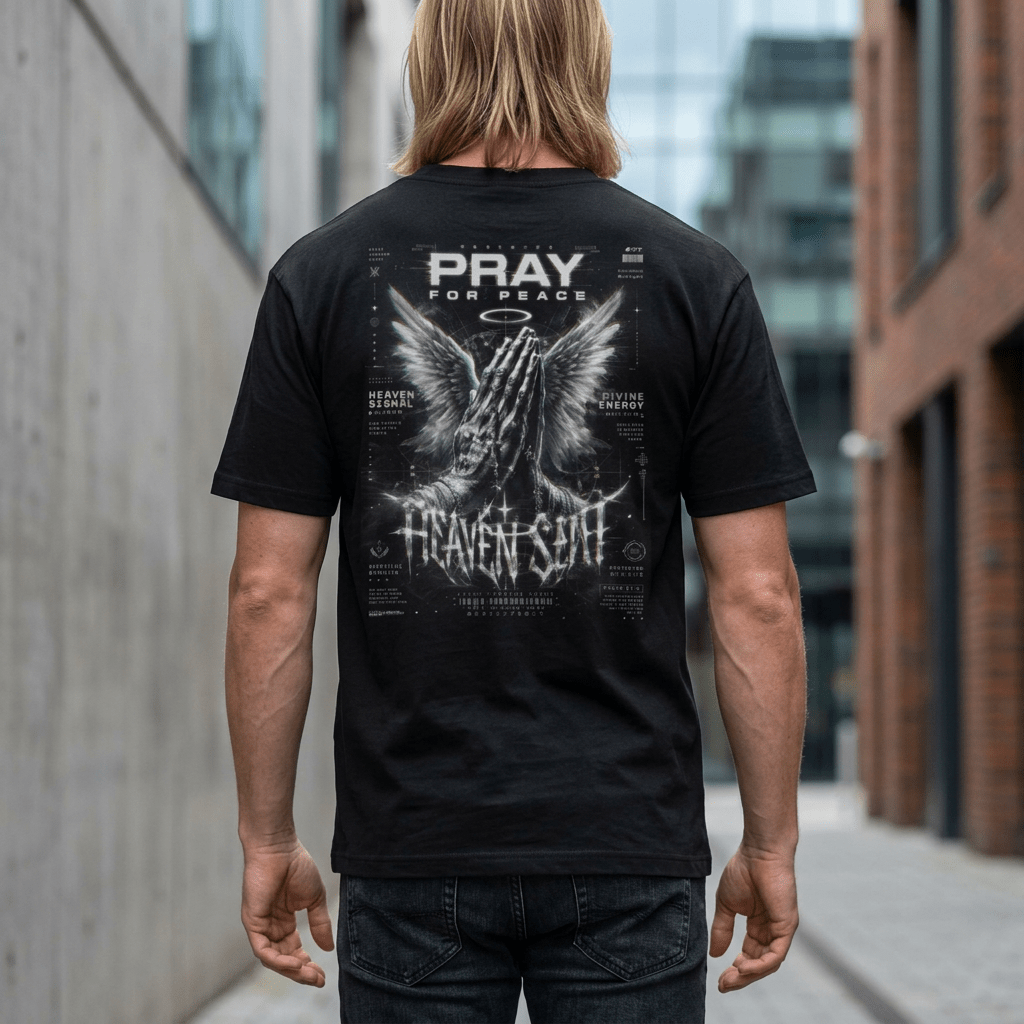 Heavy Cotton Oversized Tee in black with front script, dropped shoulders, and Pray for Peace Heaven Sent back graphic