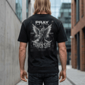 Heavy Cotton Oversized Tee in black with front script, dropped shoulders, and Pray for Peace Heaven Sent back graphic