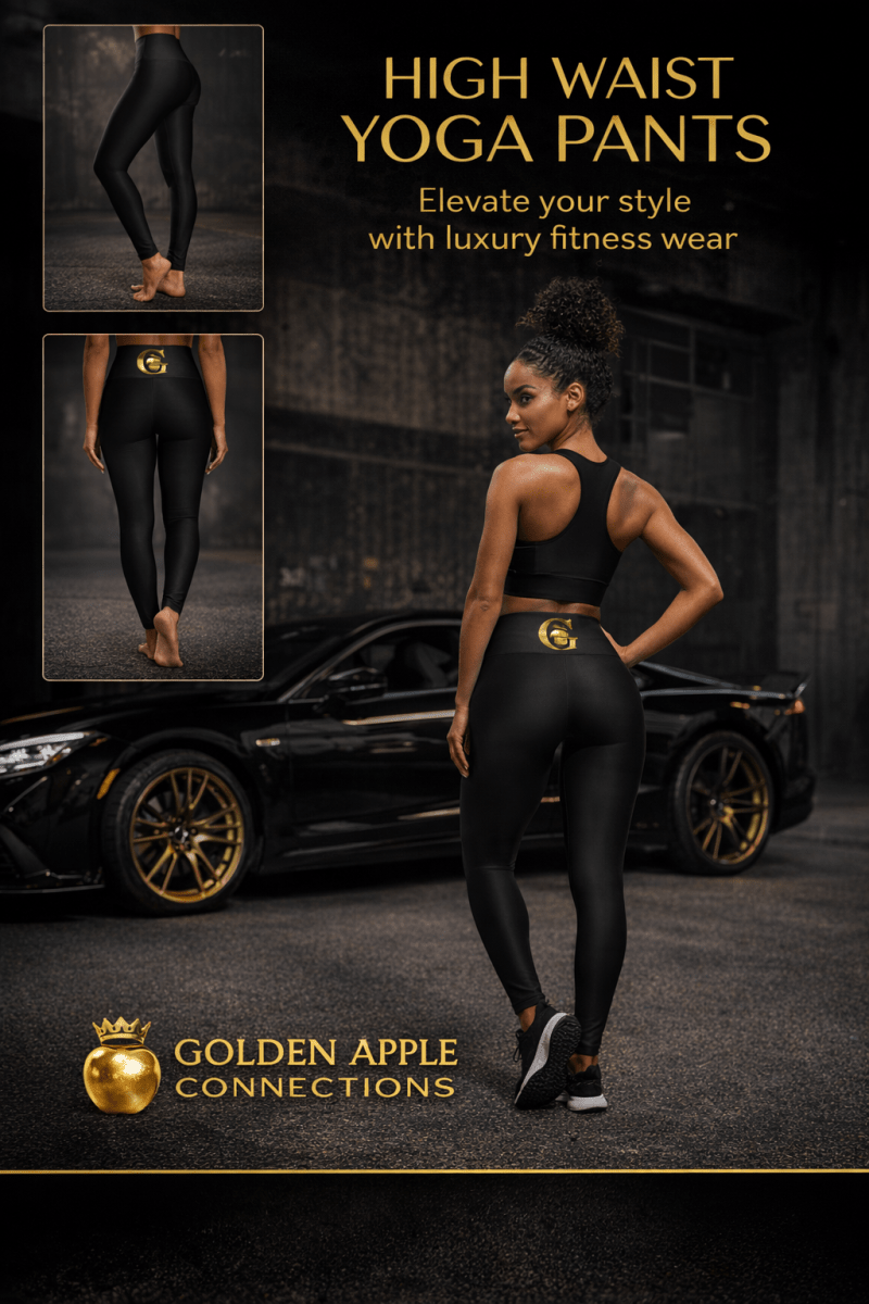 High-Waist Sculpt Yoga Pants in black with high-rise fit and gold G apple logo on the back waistband
